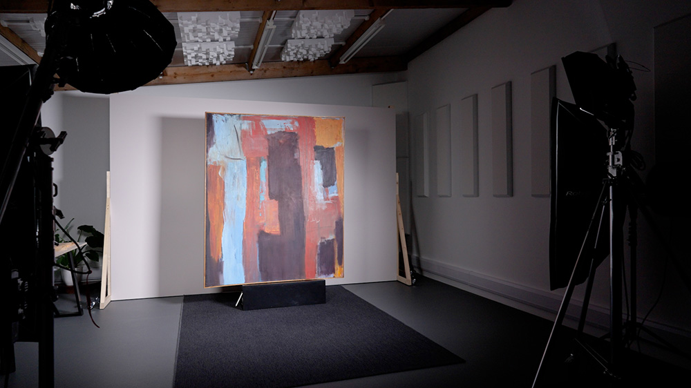 Image showing a large original canvas artwork in a professional studio ready to be scanned and reproduced for giclee prints